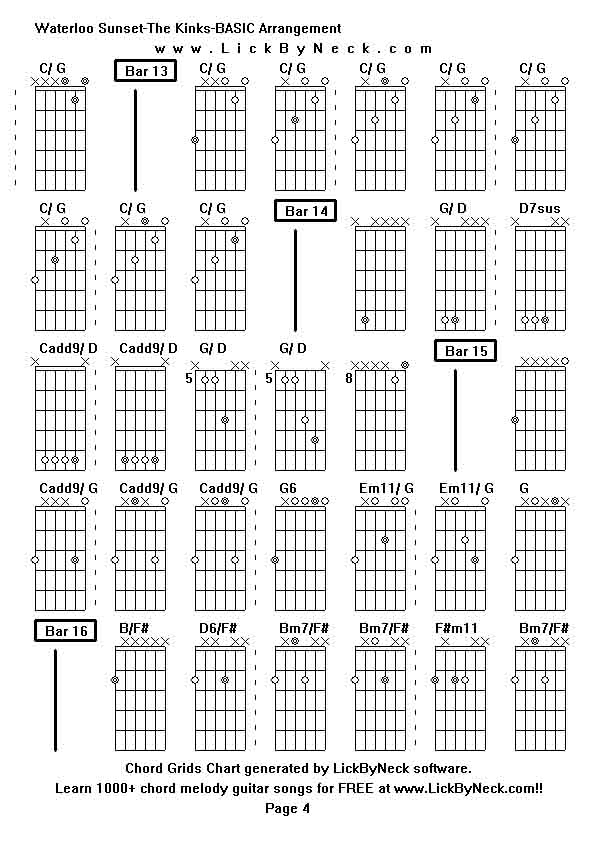 Chord Grids Chart of chord melody fingerstyle guitar song-Waterloo Sunset-The Kinks-BASIC Arrangement,generated by LickByNeck software.